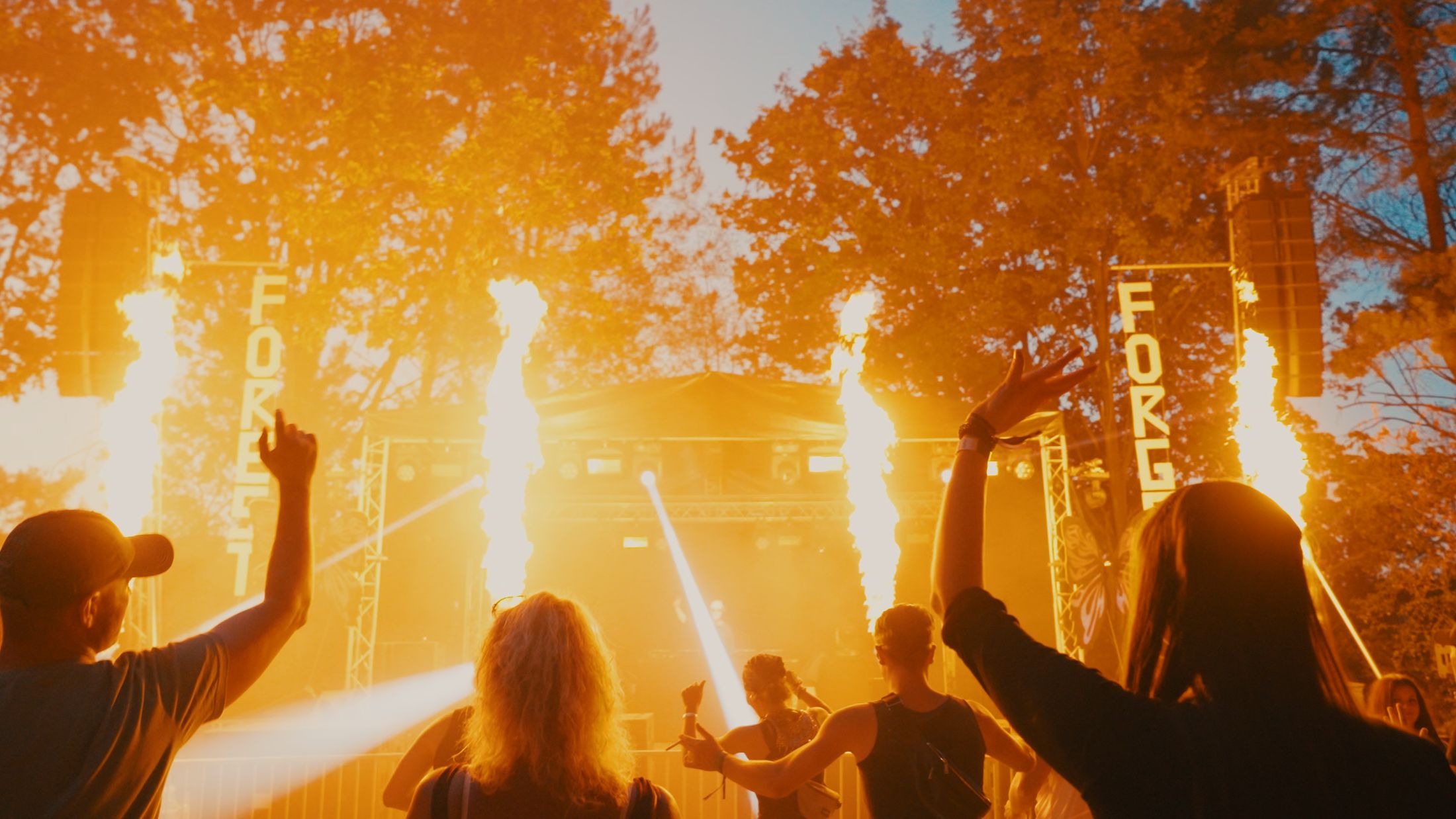Feuer, Nebel und Menschen vor der Bühne beim Forest Forge Festival