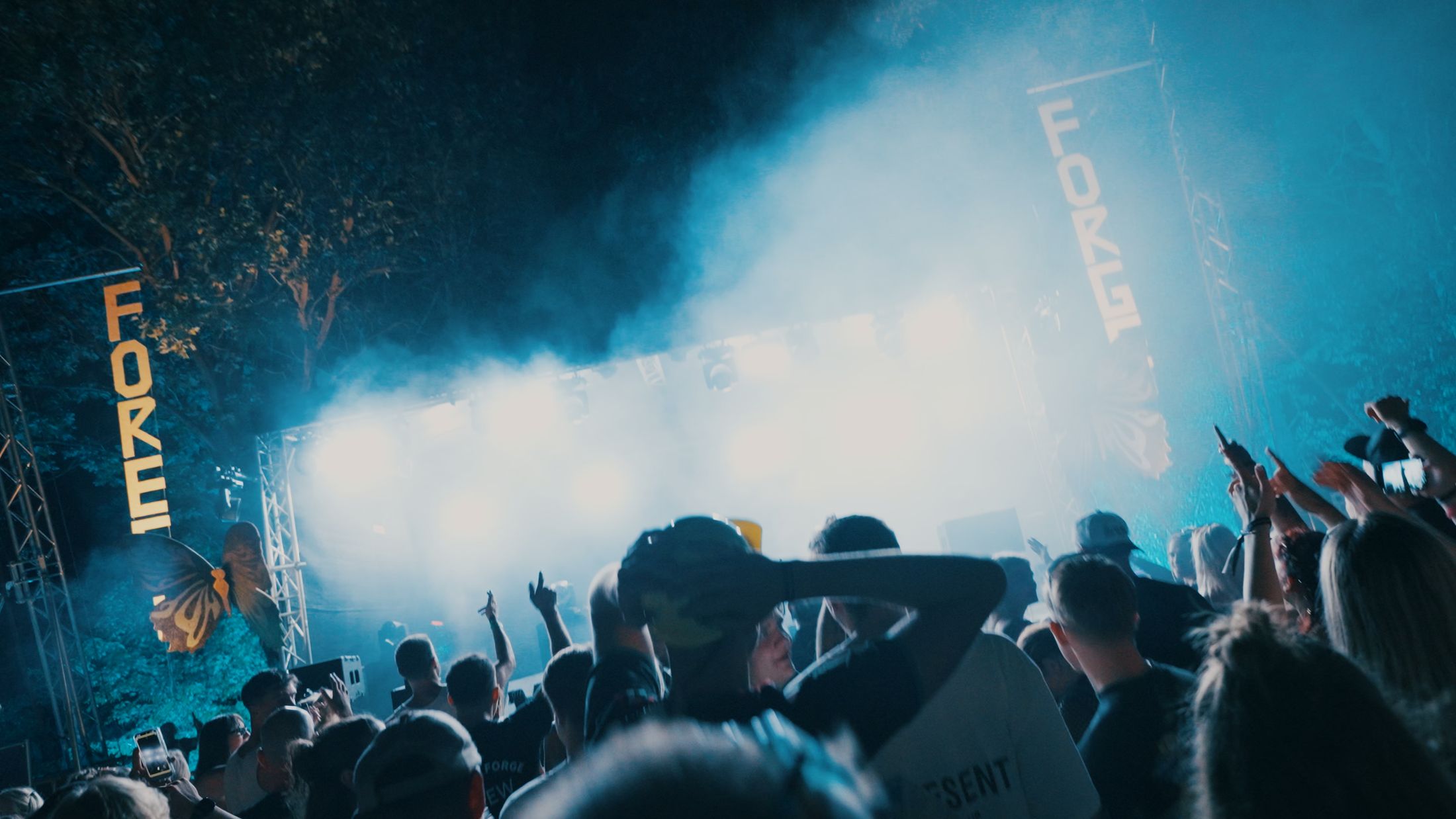 Nebel und Licht über der Crowd beim Forest Forge